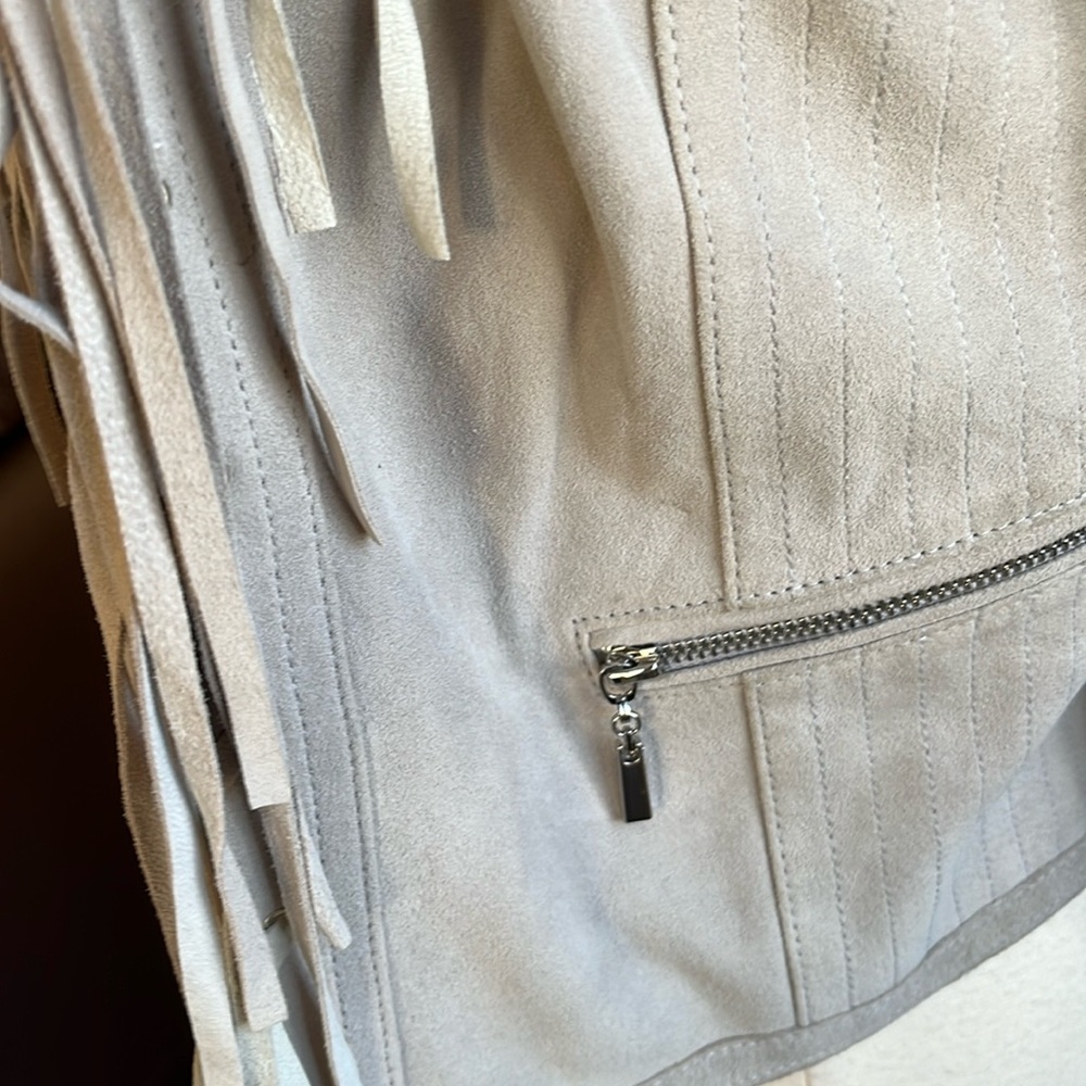 WhiteHouseaBlackMarket Light Gray Genuine Suede Jacket w/Fringe lace up Size L - Picture 11 of 17